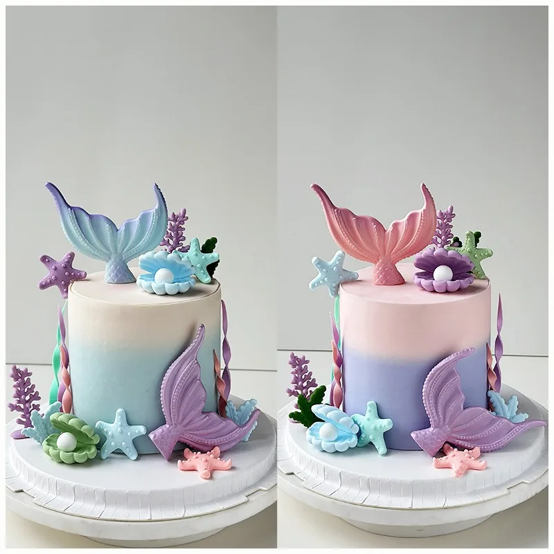 

Mermaid Theme Cake Decorations Mermaid Tail Grass Sea Star Shell Cupcake Topper Girl Under The Sea Happy Birthday Party Decor