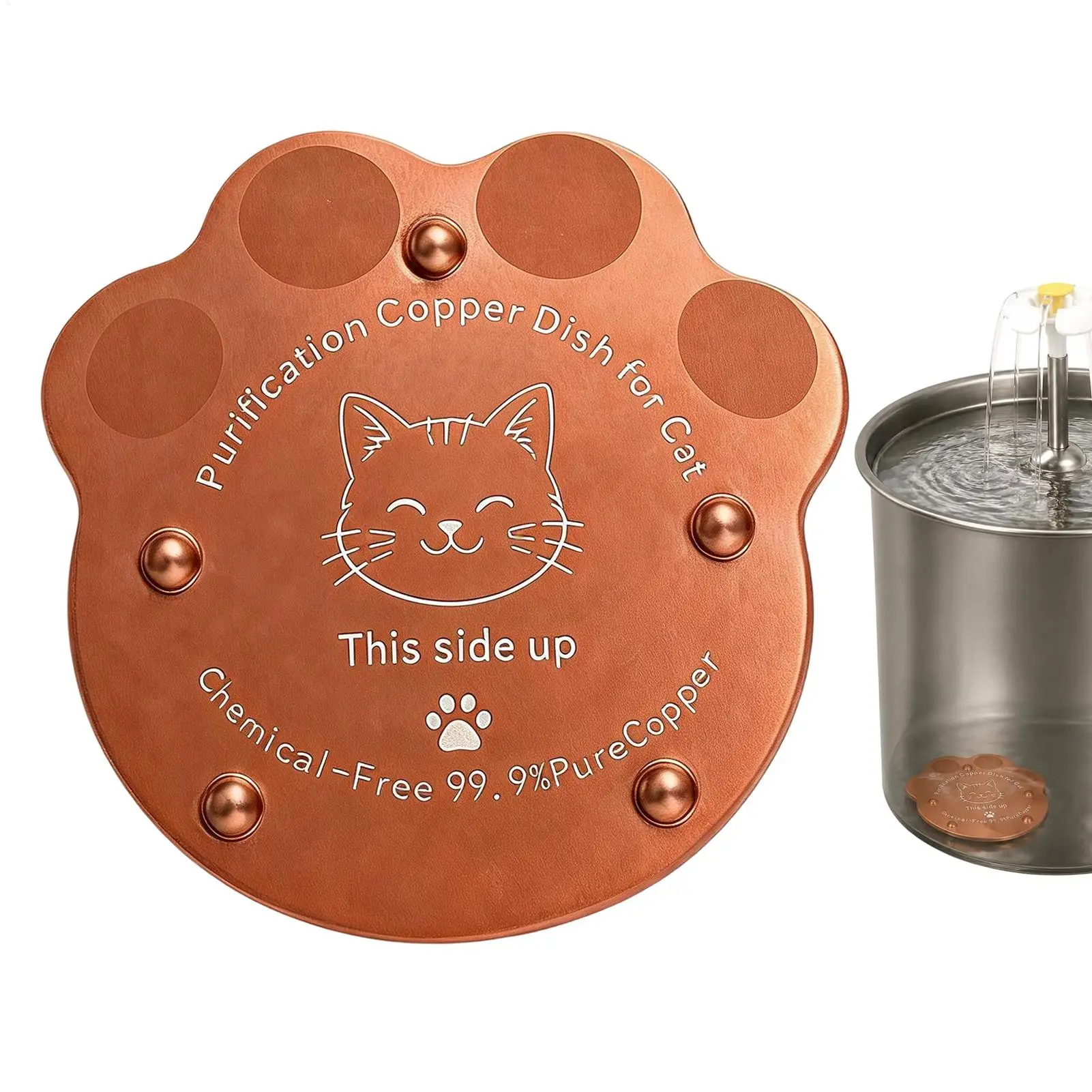 Copper Disc for Cat Water Bowl 4-Point Support Funny Paw Purify Cleaner Pet Water Bowl Copper Purifier Dish for Small Medium