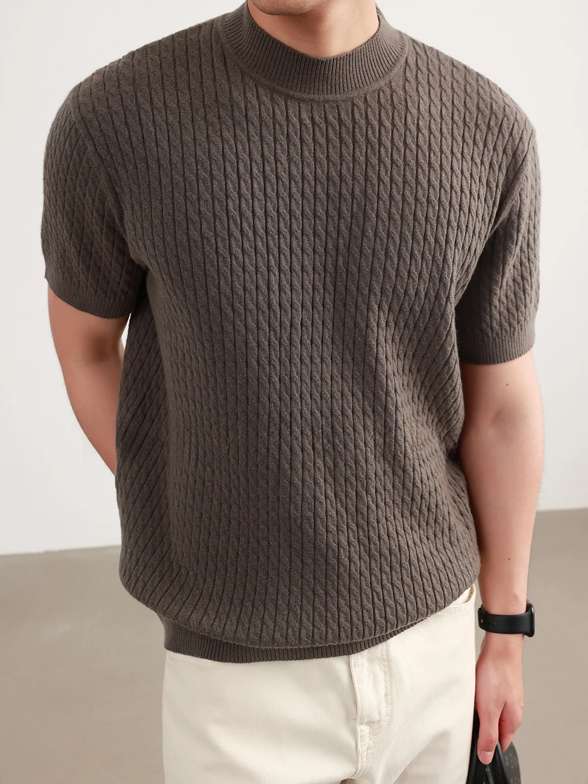 Men's Knitted Short Sleeve Base Shirt Half High Collar Five Fiber Blend Twist Knit Casual Style Skin-friendly Breathable