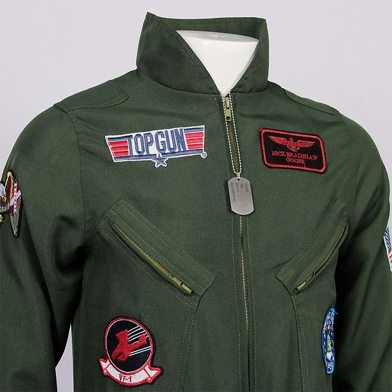 Top Gun Pilota Uniforme Primavera Autunno Bambino Adulto Uomo Tuta Cosplay Verde Tutina Sport Giorno Spettacolo di gruppo Costume di scena Halloween