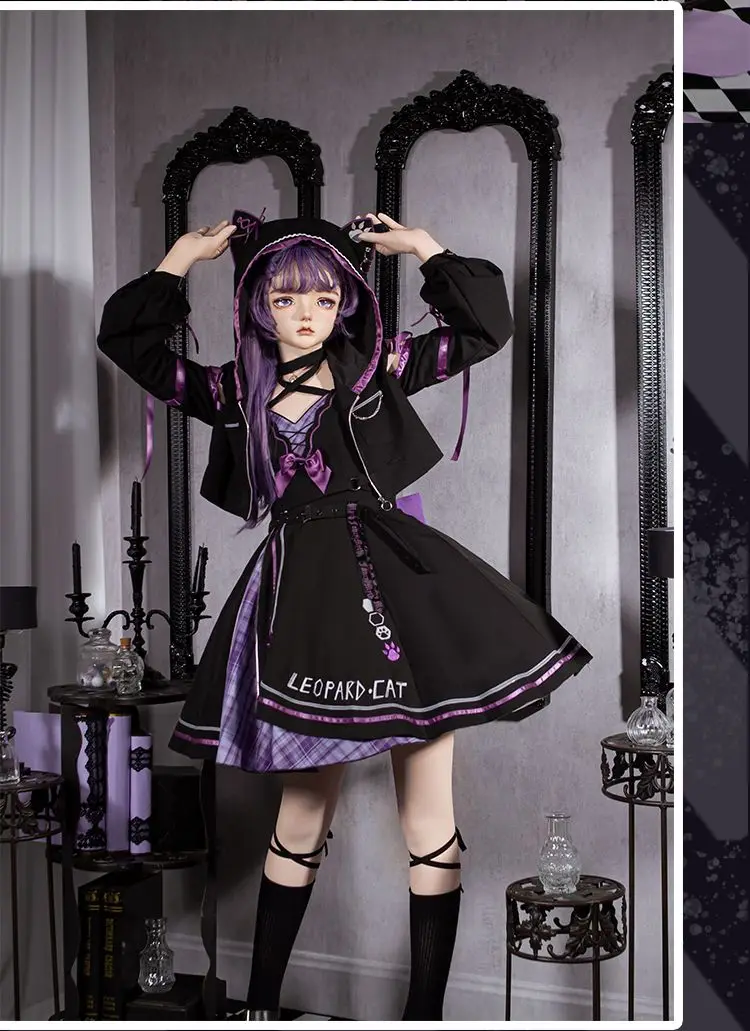 Fs JSK Top Dress Lolita Night Purple Cat Purple Black Tie Bow Cool Personality Y2K Millennium Full Set