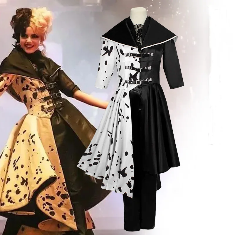 

Movie 101 Dalmatians Black White Witch Cruella De Vil Cosplay Costume Cruella De Vil Hooded Coat Jackets Outfit Party Costumes