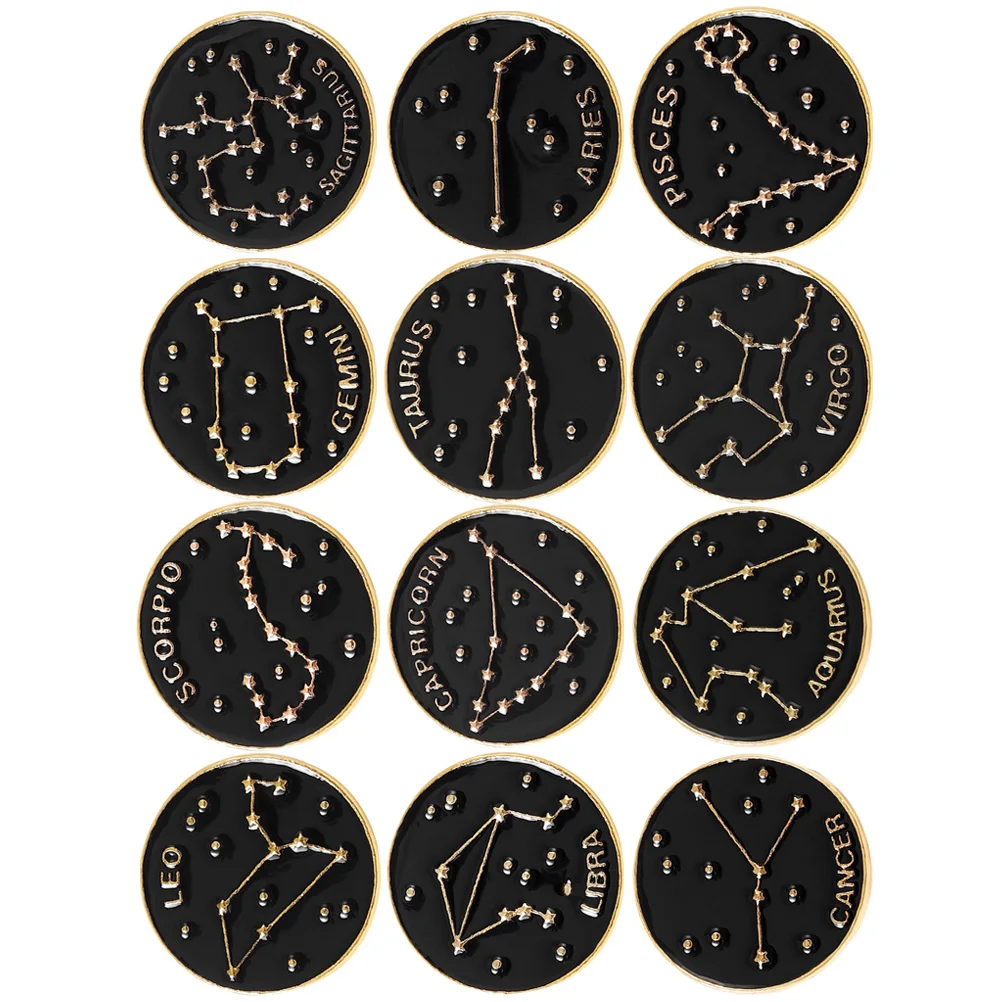 

12 Enamel Pin Brooch Jewelry Black Round Star Sign Pins Zodiac Lapel Fashion Accessories for Backpacks Shirts Hats