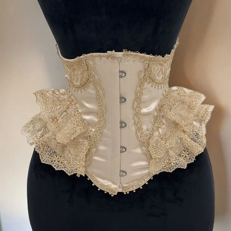 Women Fancy Corset Underbust Luxury Lace Bustier Lolita Vintage Bodice Lace Up Boned Waist Trainer Stage Costume Gold Tight Tops