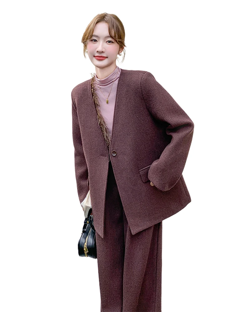 LANMREM Two-piece Set Women 2024 Winter New Trendy Retro Woolen V Neck Blazers Coat With Wide Leg Trousers Office Lady 2DB1356