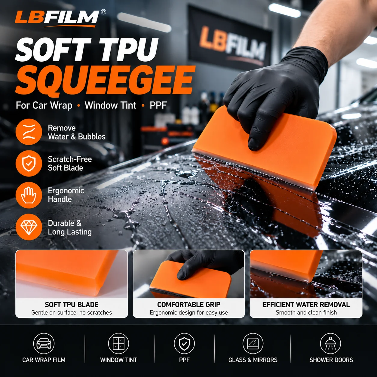 Soft TPU Squeegee for PPF Car Wrap, Flexible Vinyl Film Scraper Water Bubble Remover Tool for Auto Window Tint Film Installation