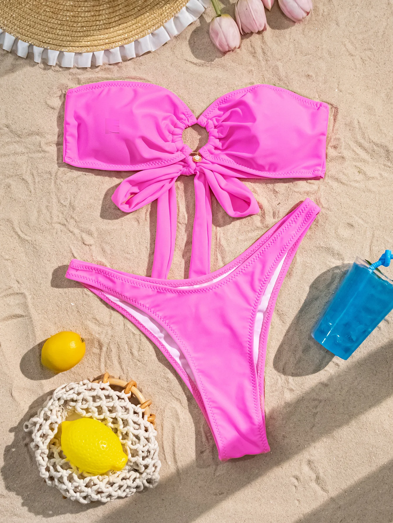 

sexy solid ring bandeau bikinis sets two pieces back tie pink and blue swimsuits thong swimwear female bathing suit biquini