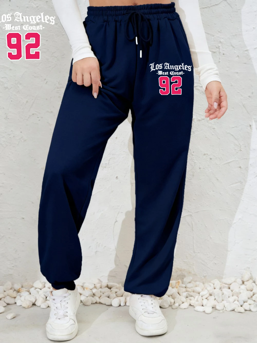 ロサンゼルス西海岸 92 プリントスウェットパンツ女性冬パンツフリース暖かい弾性ウエストポケットズボンカジュアル女性服