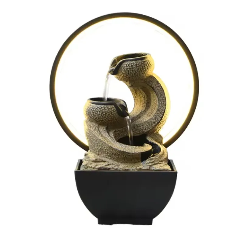 Zen Wabi Sabi Resin Tabletop Water Fountain With LED Ring Light Hand Painted For Home Office Bedroom Living Room Decoration