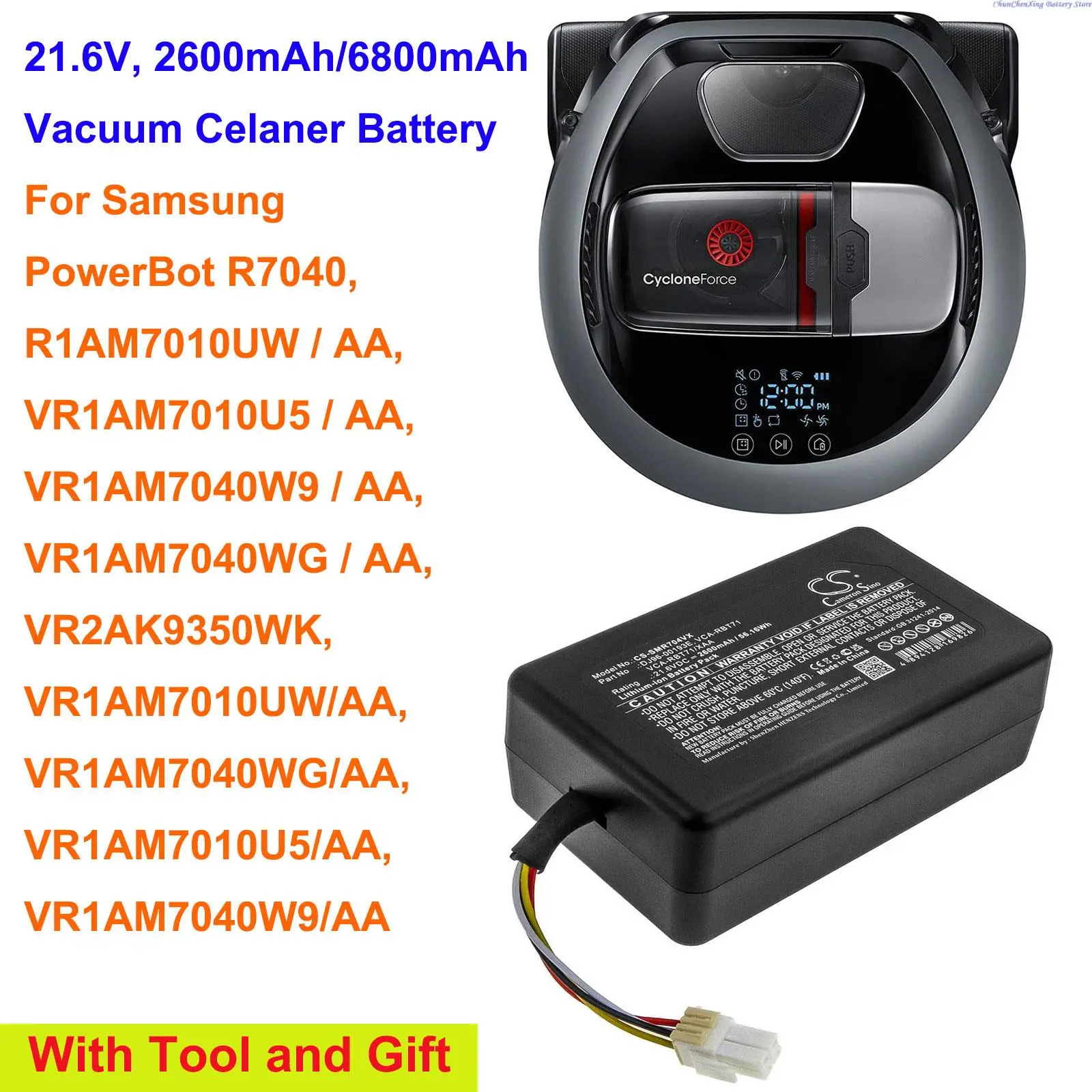 

2600mAh/6800mAh Battery VCA-RBT71 for Samsung PowerBot R7040, VR2AK9350WK, VR1AM7010UW/AA with Gifts and tools