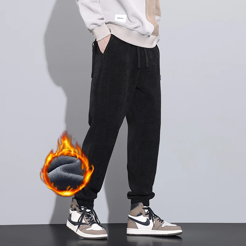 Thickened Men's Casual Pants Fleece Winter New Solid Color Drawstring Sweatpants Male Small Feet Fashion Warm Plush Trousers