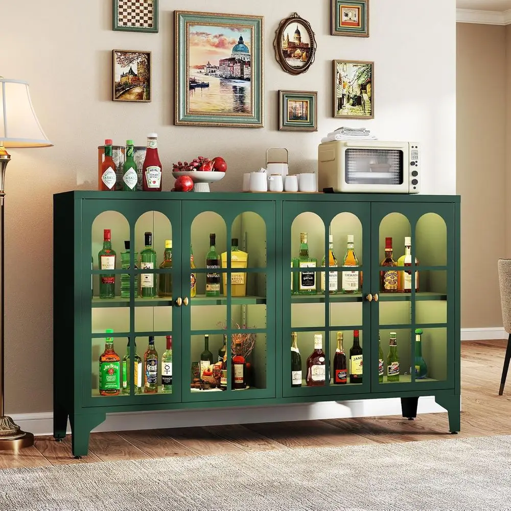 

Большой зеленый металлический буфет-сервант со стеклянной дверцей, светодиодной подсветкой и регулируемыми полками