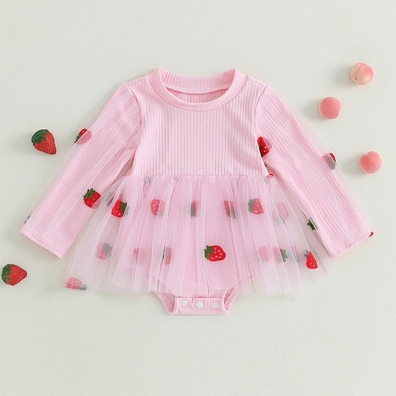 Toddler Baby Girls Romper Dress Strawberry Print Mesh Patchwork Crew Neck Long Sleeve Jumpsuit Newborn Fall Clothes Baby