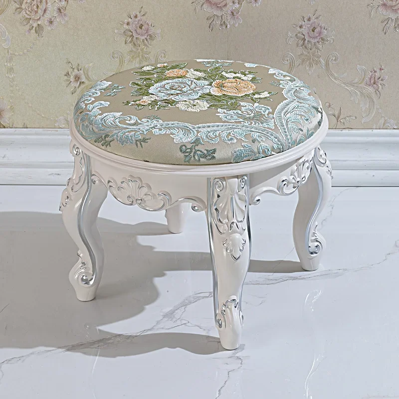 Luxury European Round Ottoman Vanity Stool - Floral Fabric, White & Gold Carved Legs for Living Room, ,