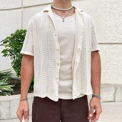 Vintage Embroidery Knitting Mens Shirts Summer Beach Fashion Loose Short Sleeve Knit Tops For Men New Casual Knitted Cardigans