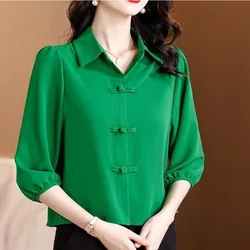 2024 New Summer High Waist Chic Elegant Fashion Retro Office Lady Chinese Style Women's Shirt Solid V Neck Long Sleeve Y2K Tops