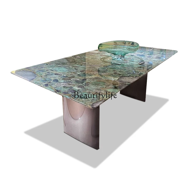 Emerald marble dining table Italian minimalist high-end rectangular luxury stone dining table