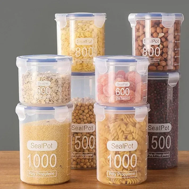 S/M/L/XL Size Transparent Plastic Sealed Food Storage Pots Kitchen Grain Candy Spice Jars Storage Containers for Kitchen