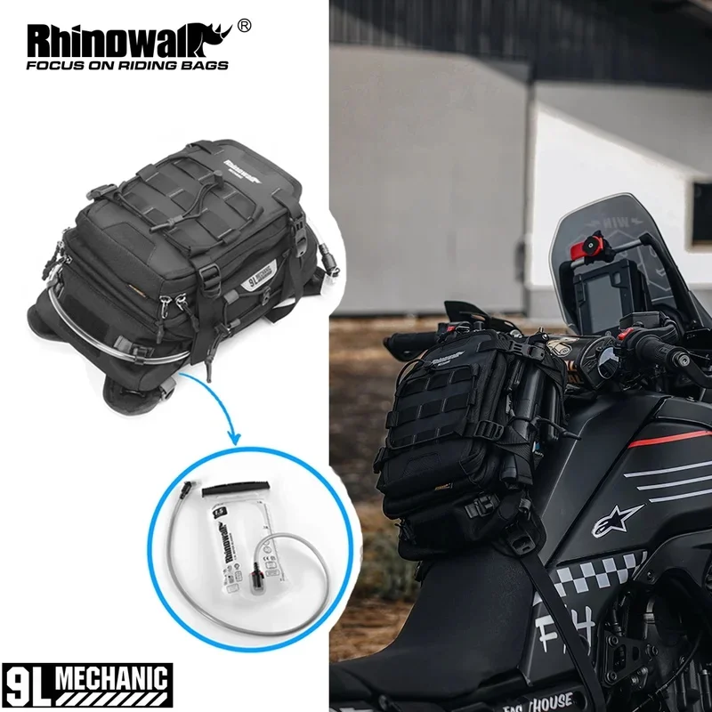 MOLLE Motorcycle Storage Tank Backpack, 9L Multi-pocket Bag with Raincover and 1.5L Water Pouch for Motorbike JJ5476