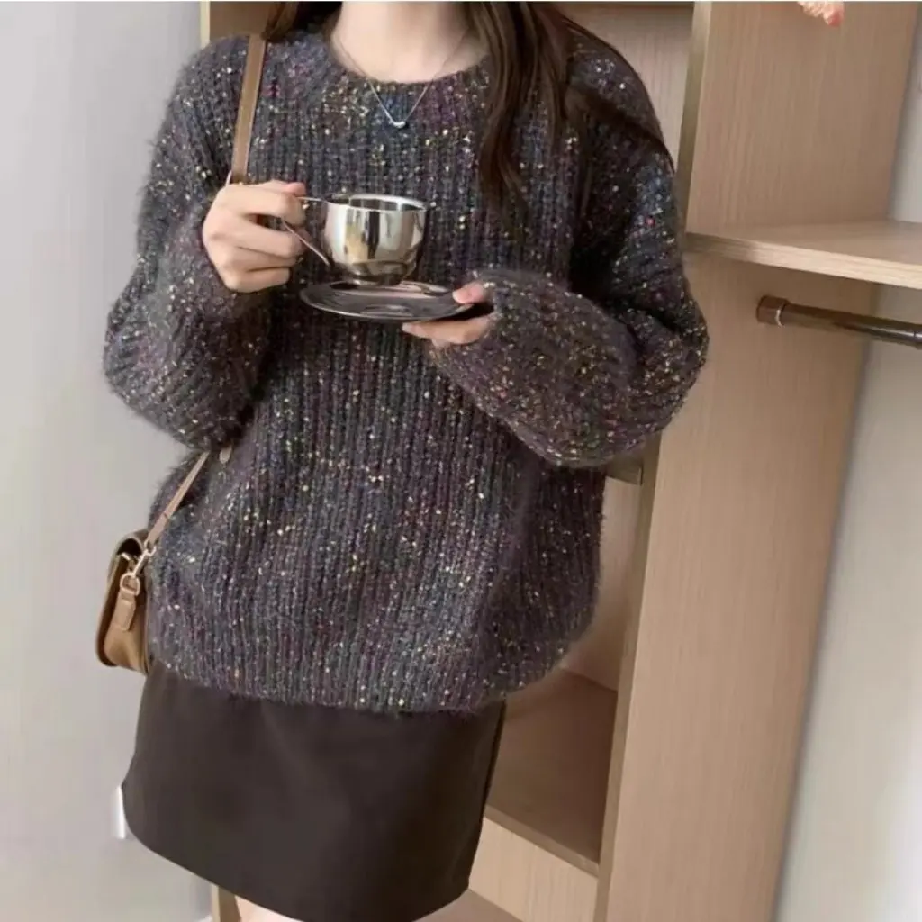 

Women's Autumn Winter Rainbow Soft Waxy Knitted Sweater Loose Fit Gentle Color Dot Lazy Style Trendy Top for Casual Wear