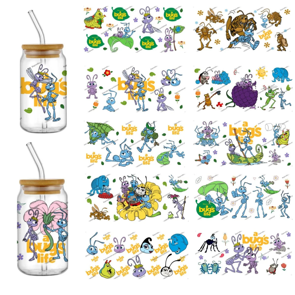 

A bug‘s life Series easy peel waterproof DIY Decals 3D transfers stickers 16oz uv dtf cup wraps for Libbey Glasses