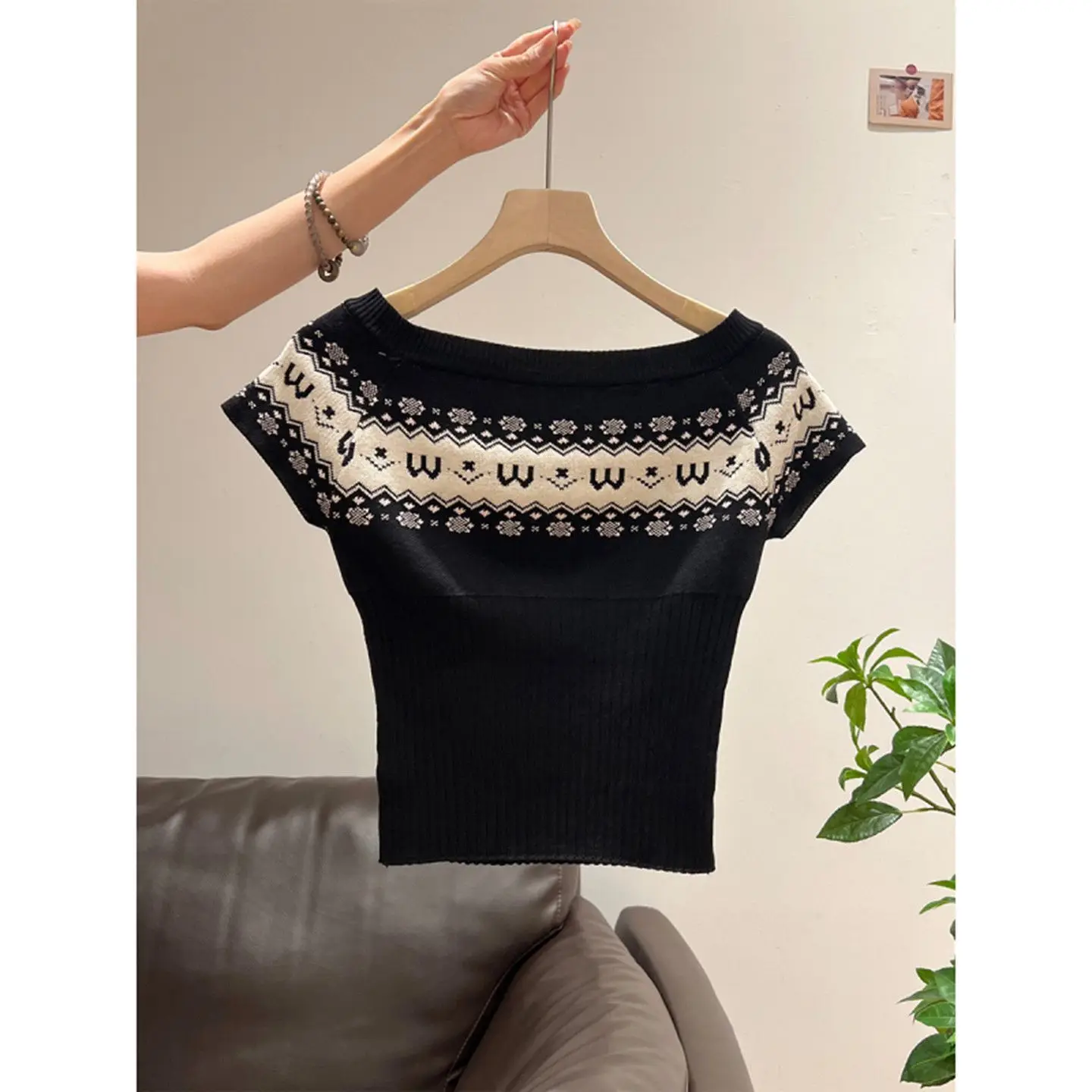 

Retro Preppy Black White Fair Isle Knit Top Off Shoulder Cropped Short Sleeve Ribbed Slim Fit Casual Wear