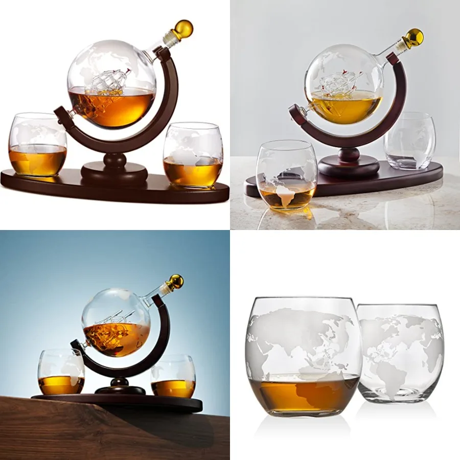 

Gifts for Men, Whiskey Decanter Globe Set with 2 Etched Whiskey Glasses - for Liquor Scotch Bourbon Vodka, Gifts For Dad - 850m