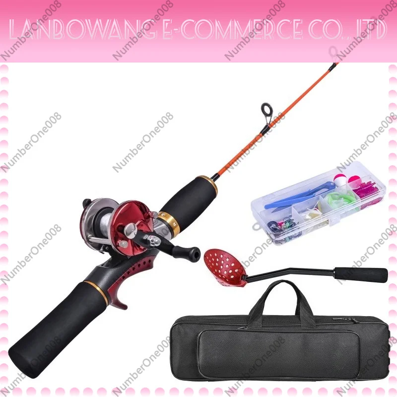 LEO 28203 50cm Red Ice Fishing Rod Combo with Drum Reel Lure Set Complete Ice Fishing Raft Fishing Gear