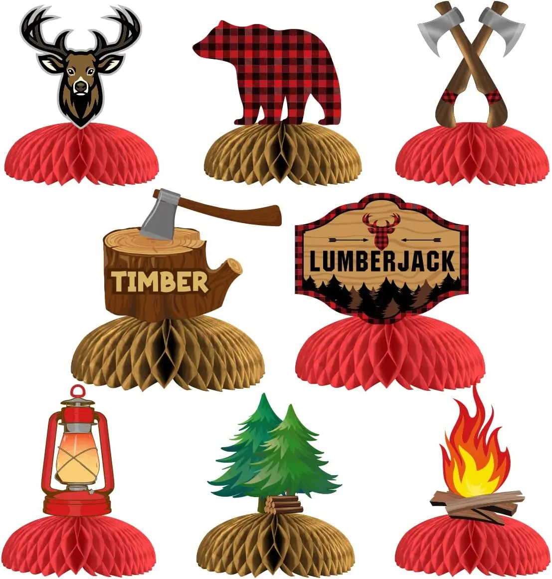 

8PCS Lumberjack Buffalo Plaid Honeycomb Centerpieces Campfire 3D Table Honeycomb for Camping Birthday Party Baby Shower Decor