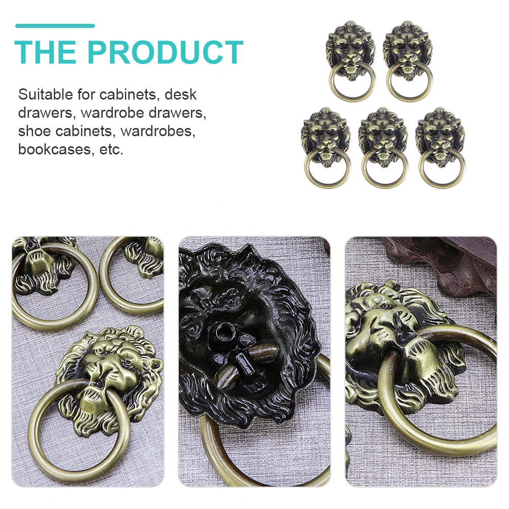 

5pcs Lion Head Pull H les Vintage Zinc Alloy Cabinet Drawer Wardrobe Furniture Decorative Door Rings Elegant Retro