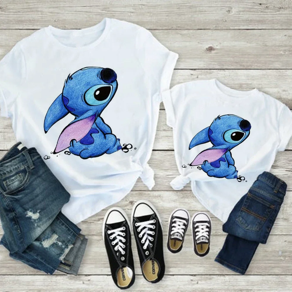 Cute Stitch Print Disney T Shirt Childern Summer Sweet Style Soft Girl Aesthetic Family Matching Clothes Mom and Daughter Equal