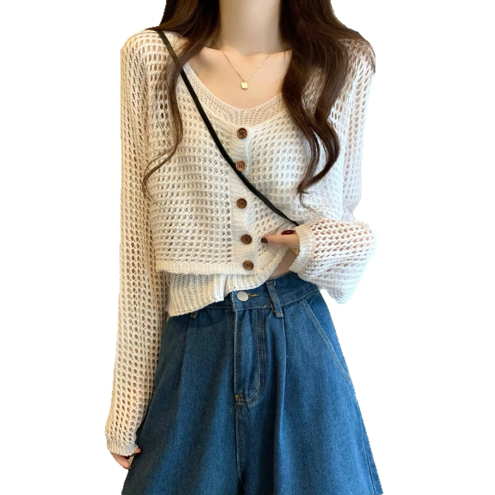 Knit Cropped Top Outerwear Cardigan Spaghetti-Strap 2 Piece Set Women Outfit Hollow Out Sun-Protective Coat Spring Autumn Loose 5
