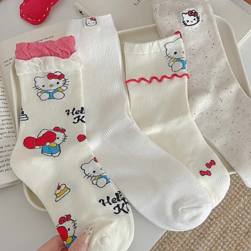 

Sanrio Hello Kitty White Socks Women Mid Calf Cotton Summer Thin Cute Japanese Cartoon KT Cat Socks Girls Gift