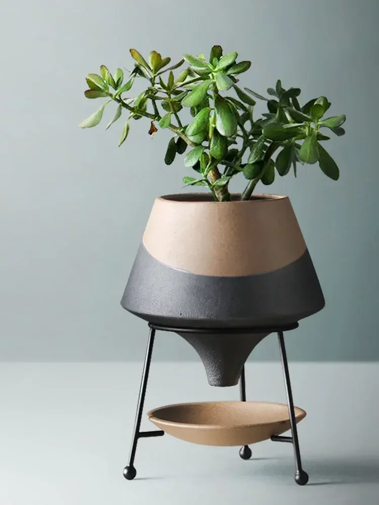Home Decoration, Ceramic Vases, Juicy Plants, Flower Pots, Two-color Rough Ceramic Iron Frame, Living Room, Interior Decoration