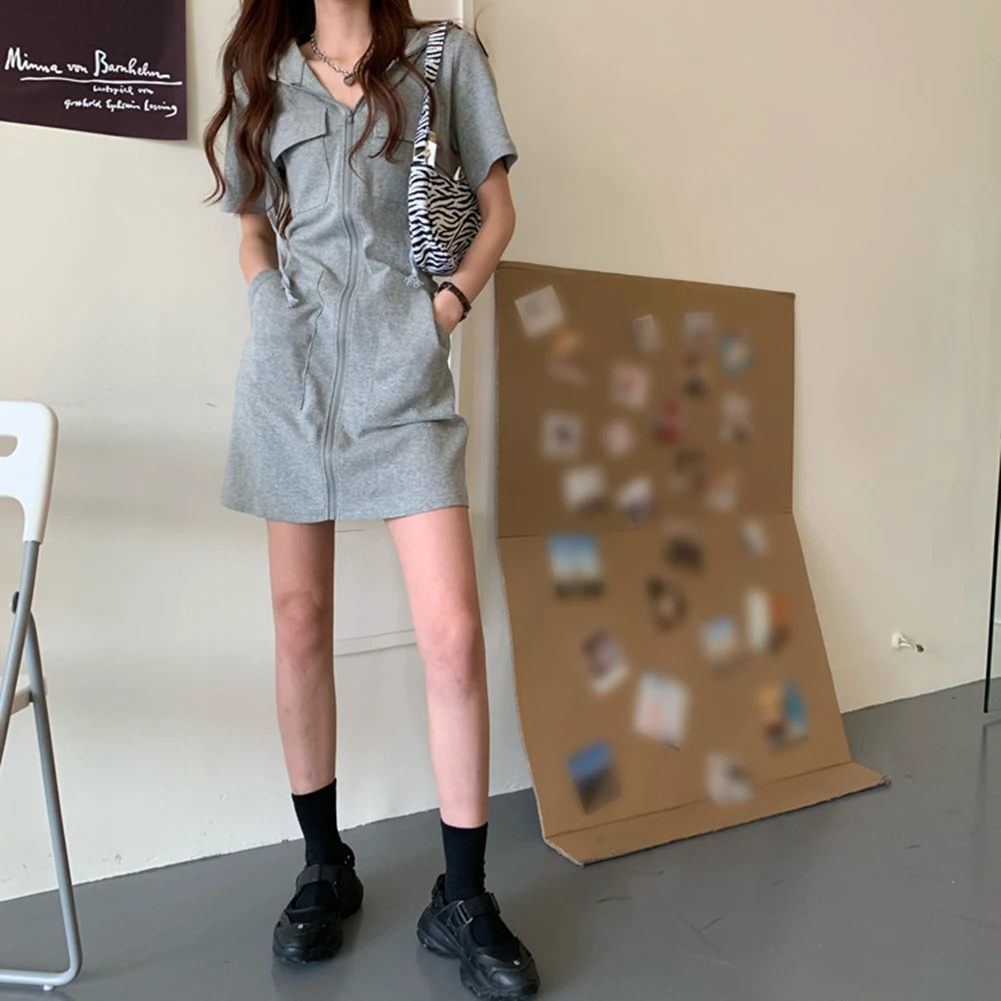 

Летнее женское платье свободного кроя с капюшоном, однотонное, серое, для повседневной носки