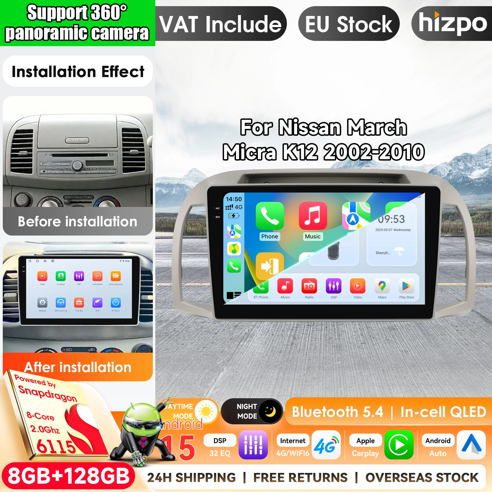 Autoradio Android con Carplay per Nissan March Micra K12 2002-2010, navigatore GPS, unità principale stereo, 4G WIFI, multimedia, display touch wireless, Airplay, lettore autoradio, sistema di