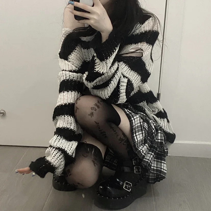 2024 90s Punk Gothic Long Sweater Women Dark Aesthetic Striped Pullovers Hollow Out Oversized Grunge Jumpers Emo Alt Clothes Y2k