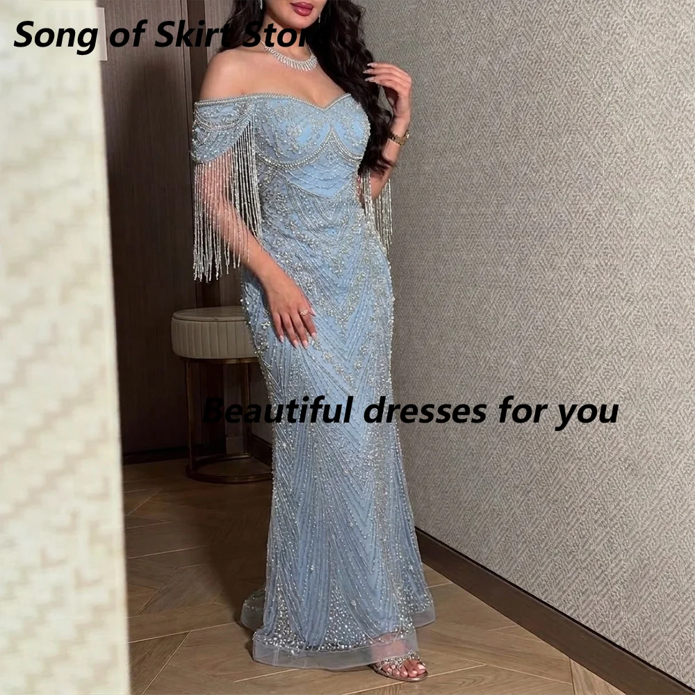 Blaues Luxus-Abendkleid mit Perlenstickerei und Pailletten, schulterfrei, mit Quasten, Meerjungfrauen-Stil, bodenlang, formelles Partykleid, individuell gestaltet