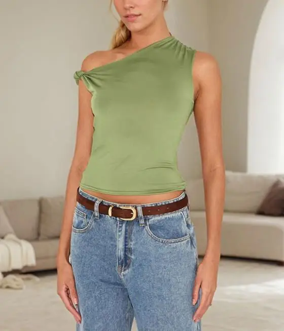 

Top 2026 Summer New Product Women's Fashion Sexy Slant Neck T-Shirt Off Shoulder Caution Machine Sleeveless Top for Women