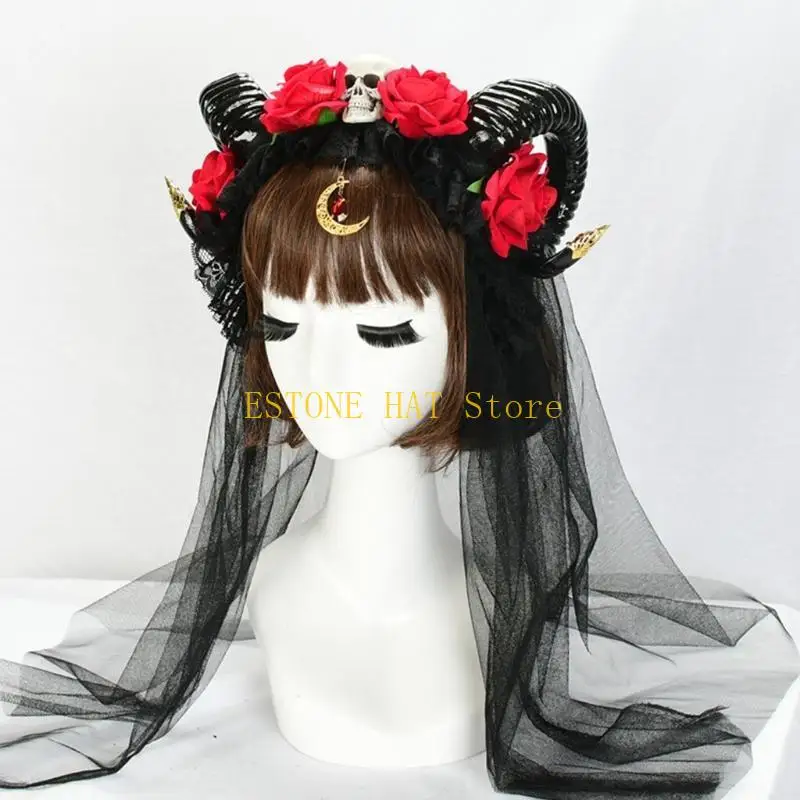 

49MF головной убор ручной работы с бычьим рогом, повязка на голову с черепом и цветочной вуалью для Хэллоуина, вечеринки, для