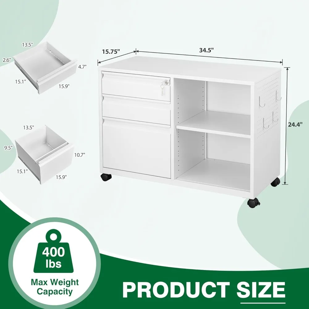 خزانة ملفات معدنية آمنة ذات 3 أدراج على عجلات، نظام حفظ الملفات الجانبي مع قفل، خزانة تخزين مع أرفف للمنزل والمكتب Orga
