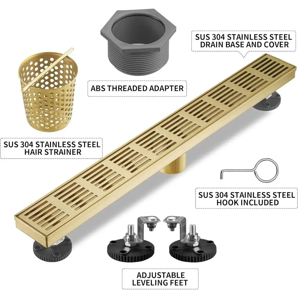 32 تصريف خطي مستطيل، تصريف 51 لتر/دقيقة، SUS-304 من الفولاذ المقاوم للصدأ، ذهبي الزركونيوم، استنزاف دش معتمد من CUPC SD-109