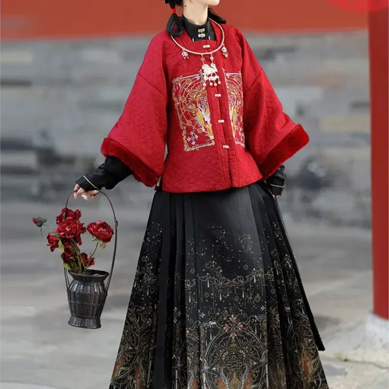 Vestido Ming Hanfu para mujer, abrigo bordado de industria pesada, tejido Original, maquillaje dorado, falda de cara de caballo de flores, vestido Mamian de invierno