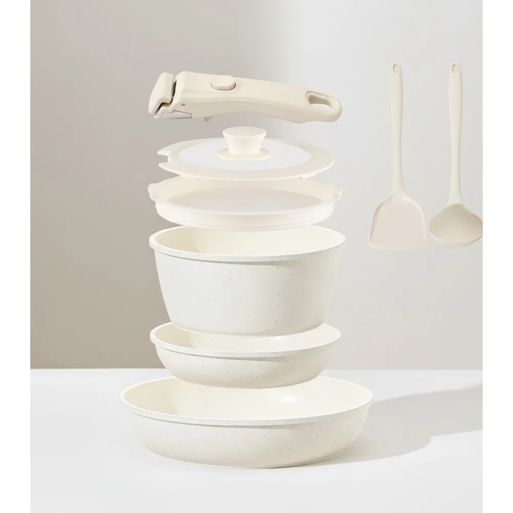 

Non-Stick Ceramic Cookware Set 8Pcs Detachable Handle Induction Safe Oven Dishwasher Free Space Saving Kitchen