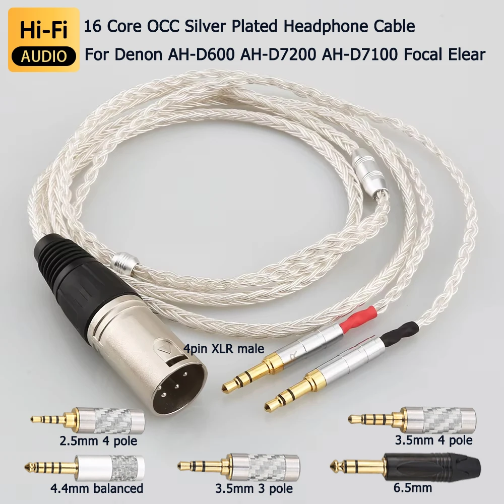 2.5/3.5mm 4.4mm 4pin XLR Male 16 Core OCC Silver Plated Headphone Upgraded Cable for Denon AH-D600 AH-D7200 AH-D7100 Focal Elear