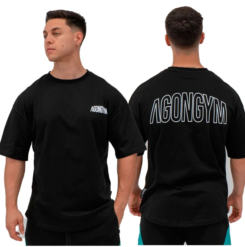 Gym Fitness Agongym Bodybuilding Oversized Loose T-shirt Cotton Men's Muscle Short Sleeve Gym Men's Running Exercise T-shirt Top