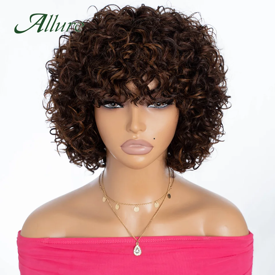 

Jerry Curly Human Hair Wigs For Women Brazilian Short Pixie Bob Cut Hair Wig With Bangs Dark Brown Colored Hair Wigs Allure