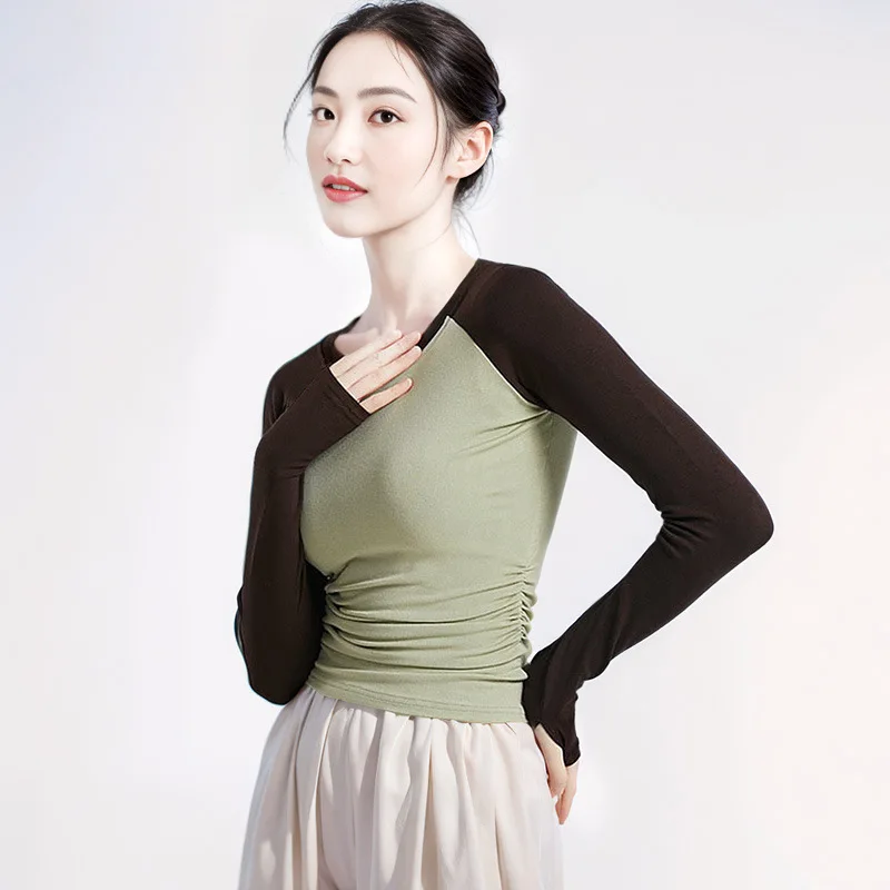 Modern dance practice clothes autumn and winter contrasting colors long-sleeved yoga tops Chinese dance