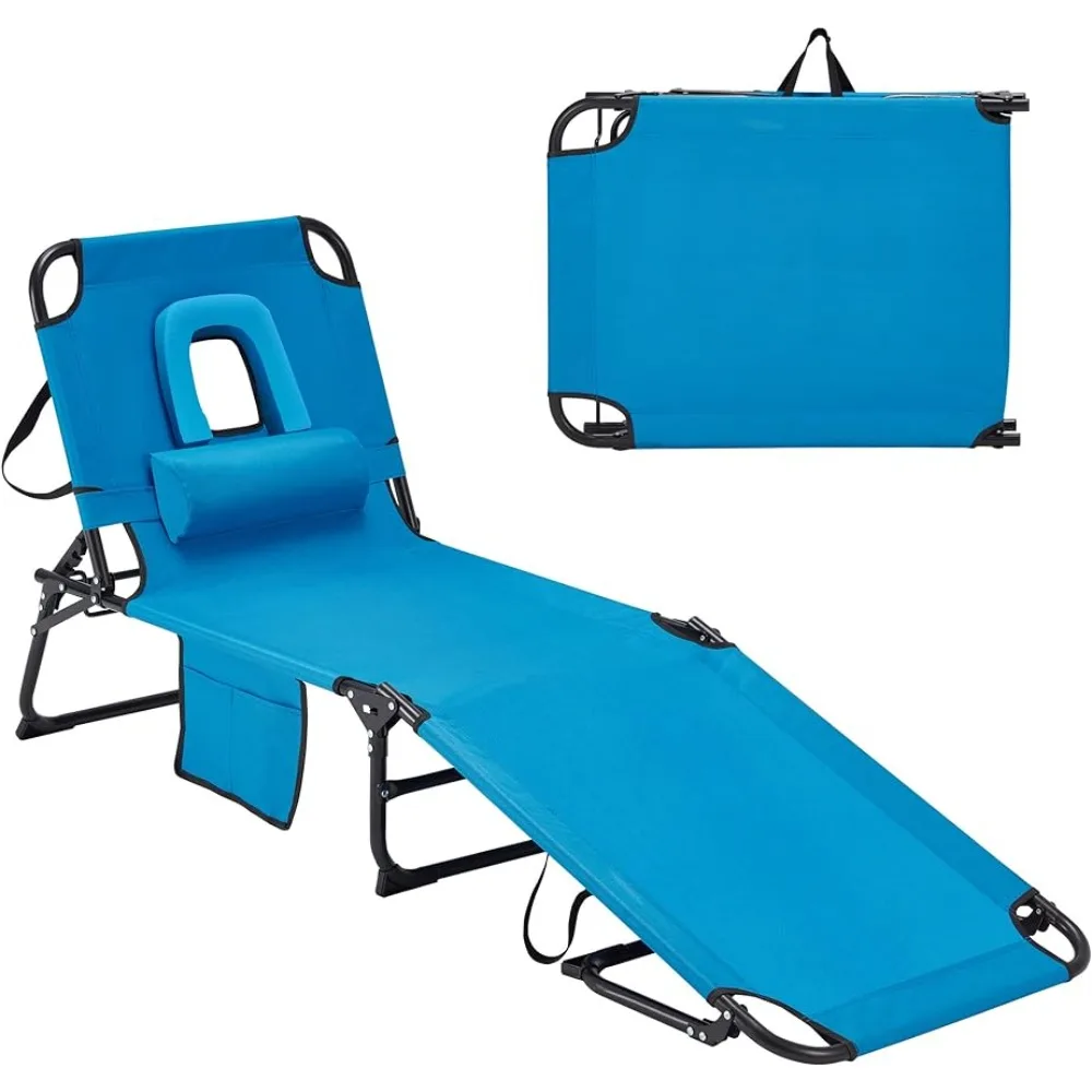 Candockway Tanning Chair, 300lbs Folding Beach Lounger with Face Hole, Adjustable Backrest, Non-Slip Foot & Portable Handle