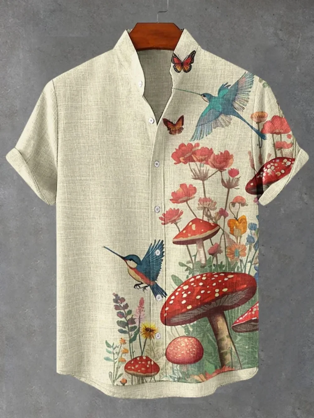 

Men's Hummingbird Printed Linen Shirt Short Sleeve Cardigan Classic Stand up Collar Fashionable Men's Clothing